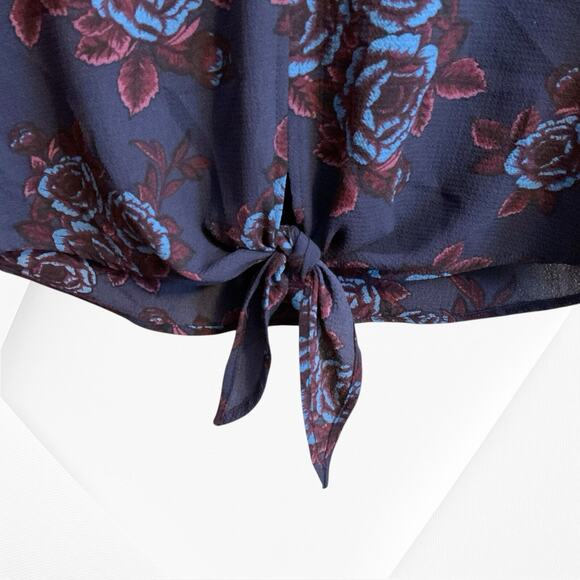 "Veronica M"-Blouse Top Wo men's Size XS Blue Wine Bell Sleeves V-Neck Tie Front - Picture 5 of 13